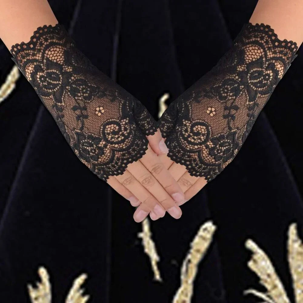 Women's 2 Pair Black White Lace Fingerless Gloves Party Prom Costume Accessories